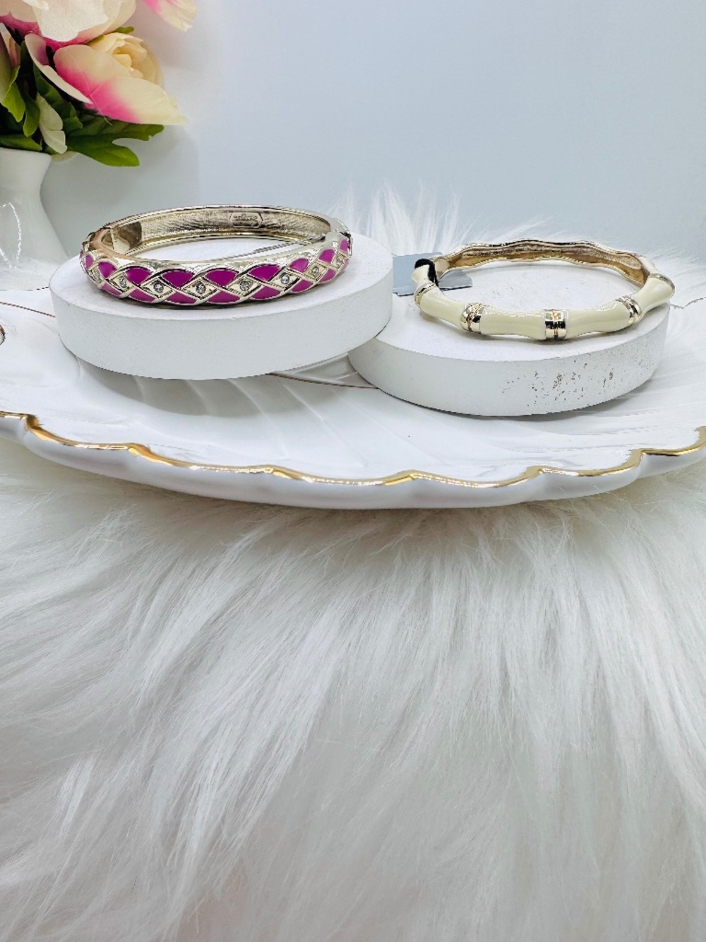 Sequins 2 Gold Tone Bangle Bracelet Set Pink Enamel & Ivory Bamboo Style Hinged